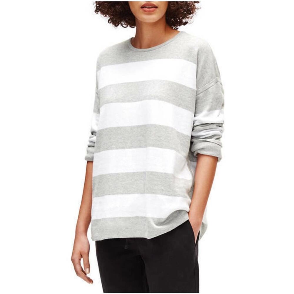 Eileen Fisher Organic Cotton Gray White Striped Seeater Sz L